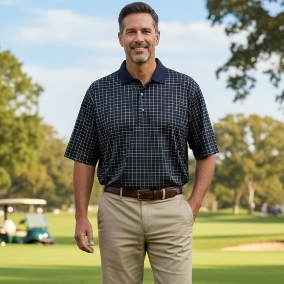 Greg Norman Polo Mens Size XL Navy Check 60/2 Mercerized Cotton Golf Athleisure - Picture 1 of 10